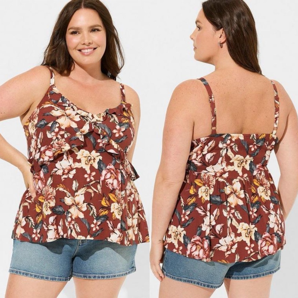 Torrid Rayon Slub Ruffle V-Neck Cami Brick Floral Size 4 - Picture 1 of 6